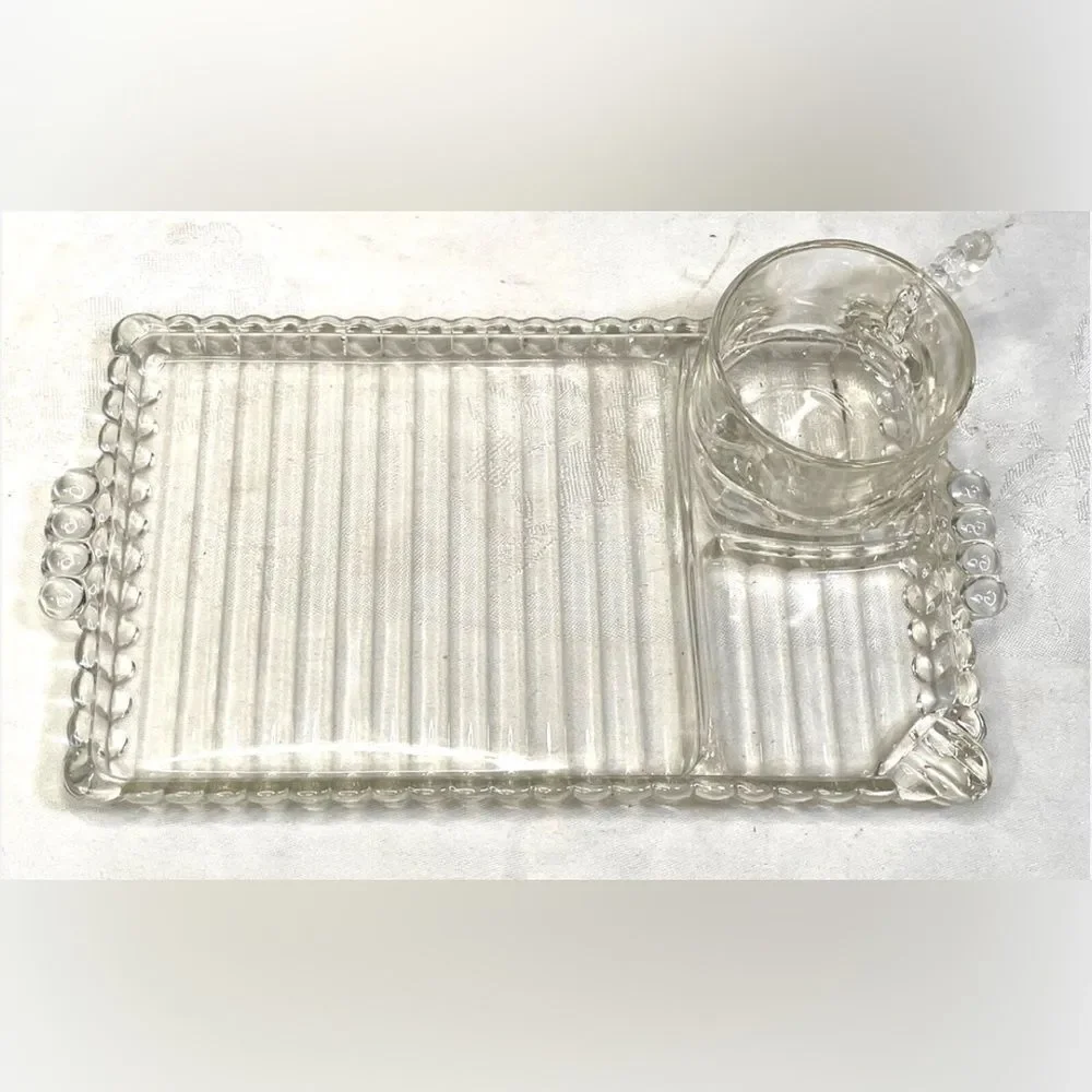 Hazel Atlas Ball & Rib Elegant Clear Glass Smoke Snack & Sip Tray 6 Oz Cup Set
